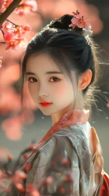 Young woman in hanfu among soft-focus blossom branches.