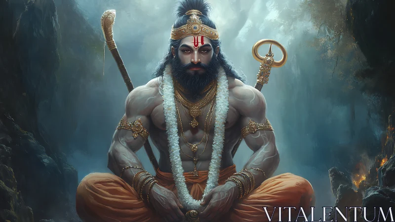 Mythic warrior figure in meditative pose within forest cavern.