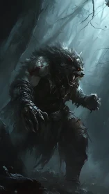 Brooding werewolf guardian prowl&shy;ing through a misty forest.