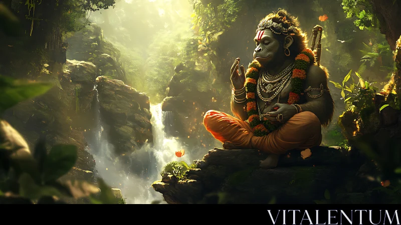 Simian deity figure sits in lotus posture near forest waterfall