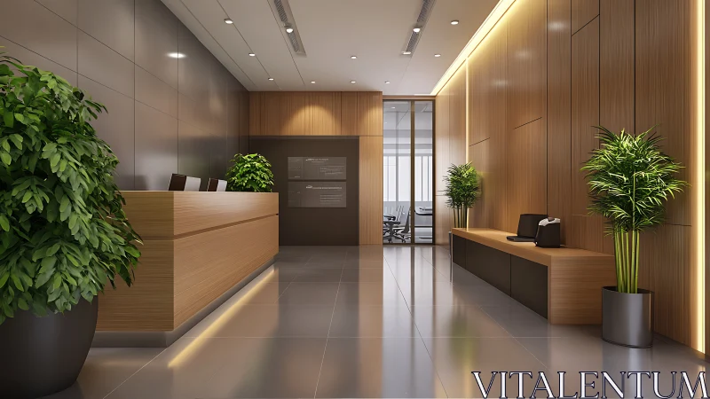 Modern corporate lobby with linear lighting and wood panel integration