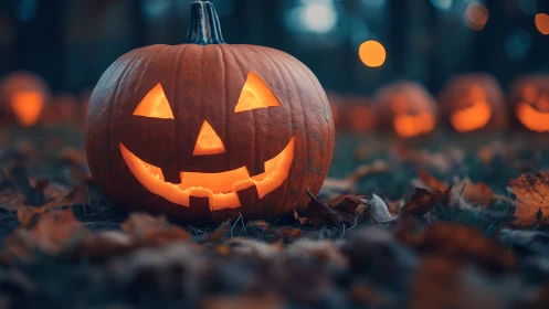 Candlelit jack o’lantern on autumn leaves in shallow focus.
