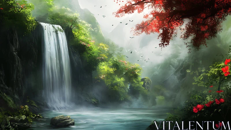 Lush waterfall valley captures misty morning forest light