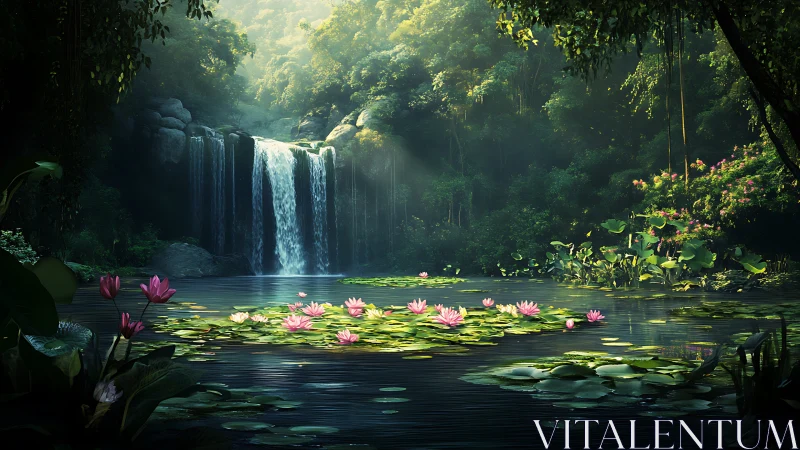 Sunlit jungle waterfall illuminates lotus-covered reflective pool