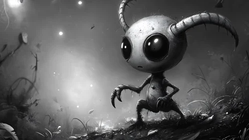 Horned alien creature explores misty monochrome forest.