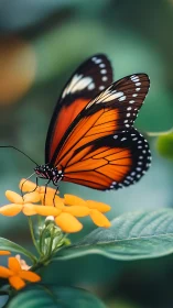Orange butterfly on small yellow flowers in soft green garden.