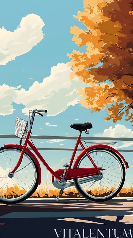 Red Bicycle Under Autumn Sky and Overhanging Foliage.