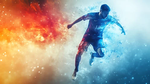 Dynamic soccer player framed by dual fire and ice energy fields