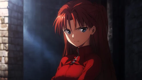 Red haired anime girl stands in dim stone corridor light