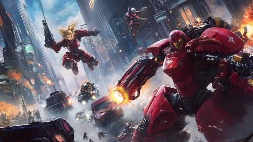 Armored heroes storm burning neon city in kinetic battle.