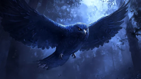 Dark blue raptor with spread wings flying through forest.
