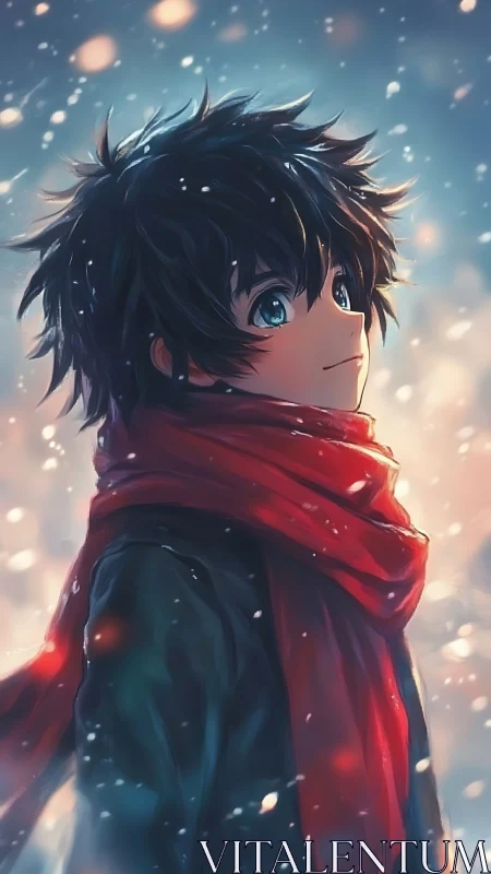Snowlit dreamer wrapped in crimson scarf beneath winter glow.