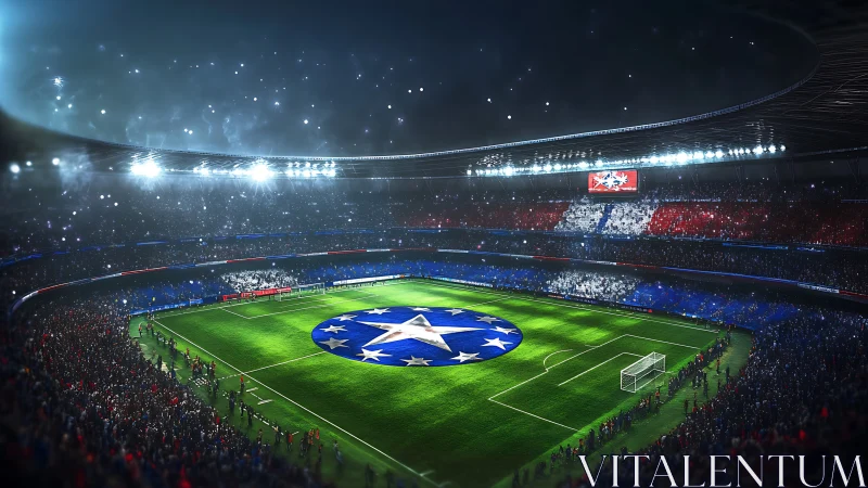 Night football stadium packed with fans and flag mosaic.