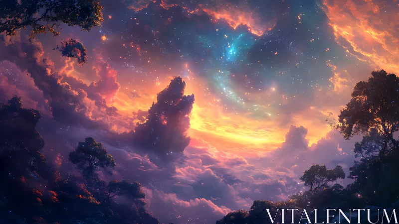 Vibrant fantasy sky over clouds and silhouetted forest.