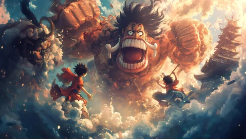 Epic anime battle tableau in dynamic cloud-swept composition.