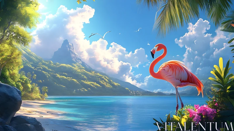 Flamingo overlooks vivid tropical lagoon under bright clouds