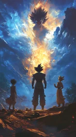 Heroic warriors under blazing cosmic spirit sky.