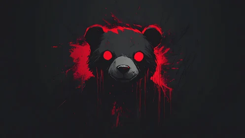 Stylized bear head with red eyes on dark abstract backdrop.