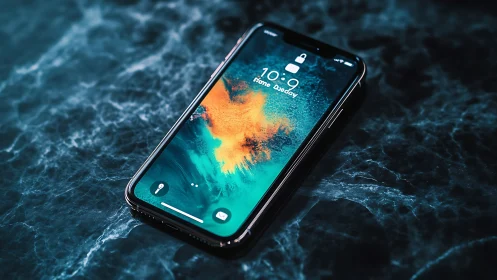 Smartphone displaying lock screen interface with abstract wallpaper.