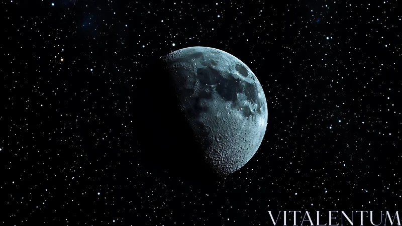 Lunar hemisphere viewed in space against dense star field.