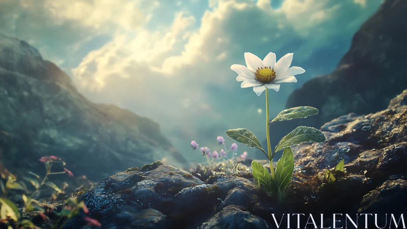 Digital painting of alpine white flower in luminous valley focus.