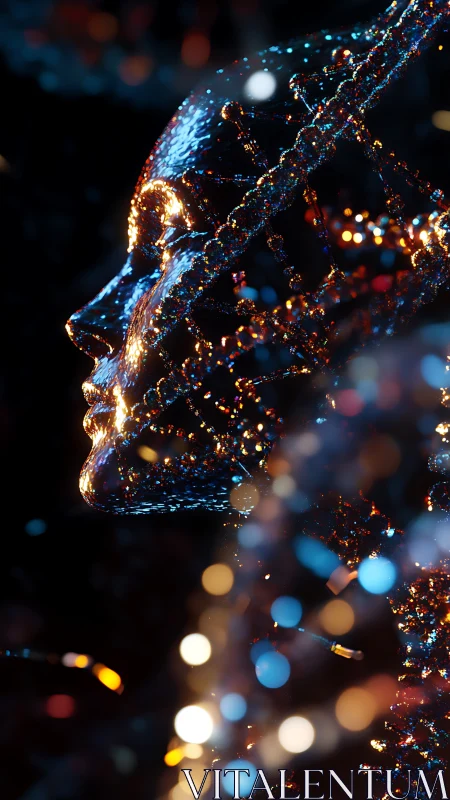 Holographic cybernetic face dissolves into luminous bokeh code