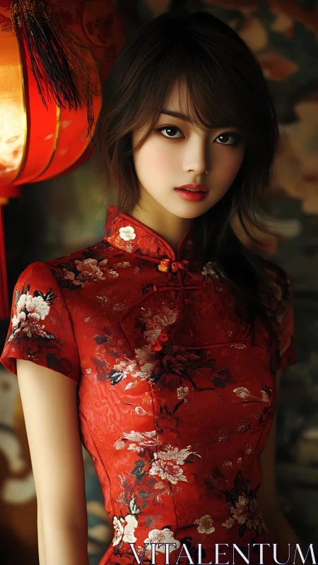 Young woman in red floral qipao near lantern, calm gaze.