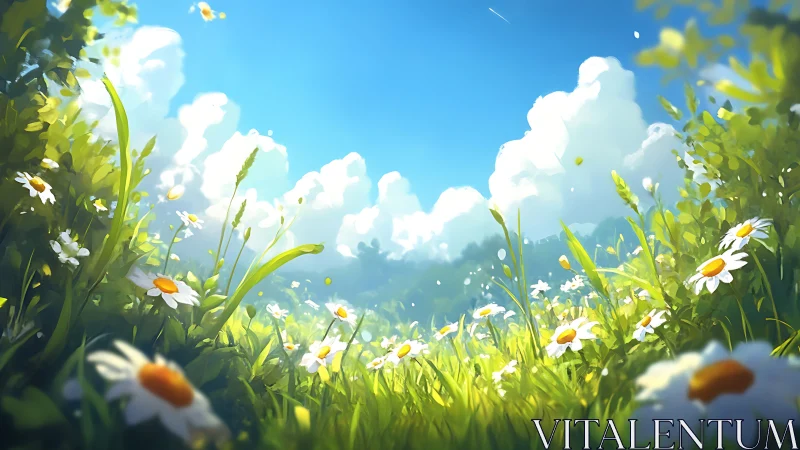 Sunlit meadow of gentle daisies under a bright blue sky.