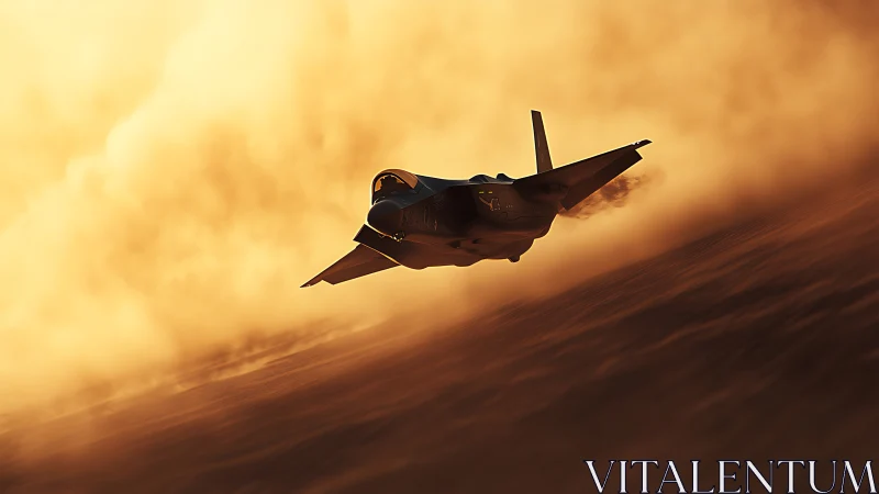 Stealth jet cuts through cinematic dusk haze in low flight