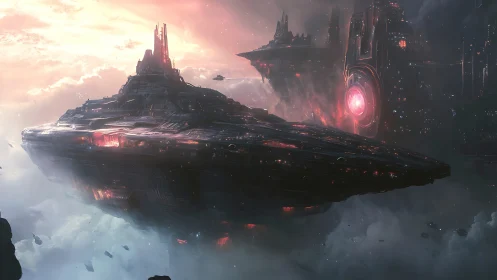 Colossal starship glides through neon-lit storm clouds.