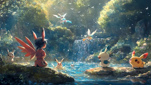 Tranquil forest waterfall with winged child and creatures.