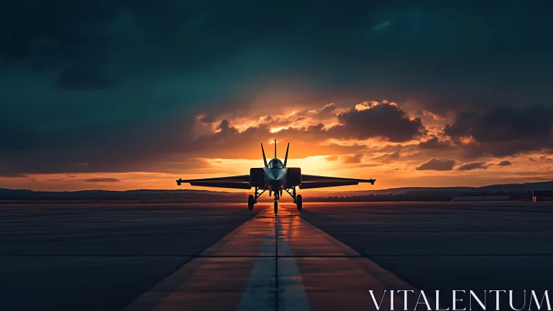 Sunset jet fighter waits on runway under dramatic sky.