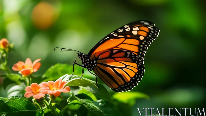 Monarch butterfly lateral profile on lantana blossom in bokeh field.