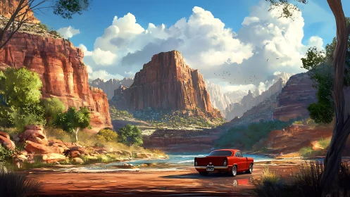Sunlit canyon escape with a classic red riverside car.
