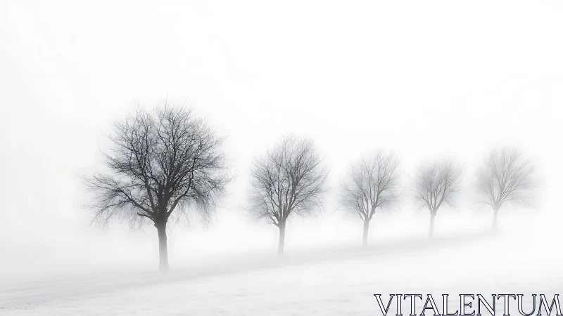 Row of leafless trees aligned in dense winter fog.