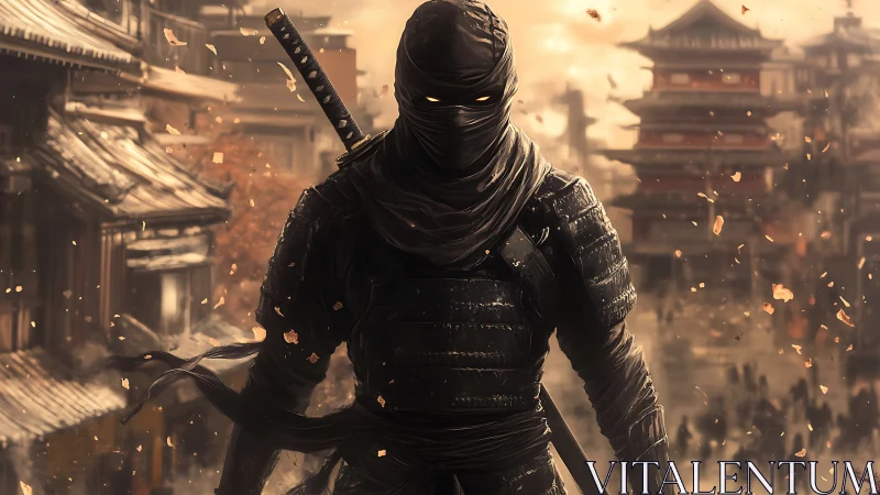 Shadow-clad ninja advances through ember-lit feudal streets.