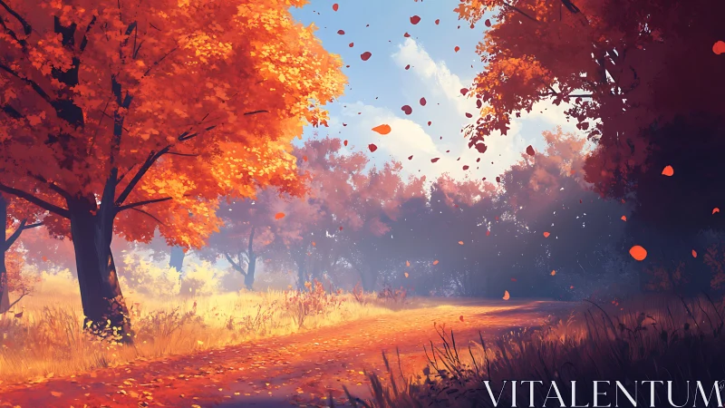 Autumn forest path rendered with warm diffuse lighting and haze