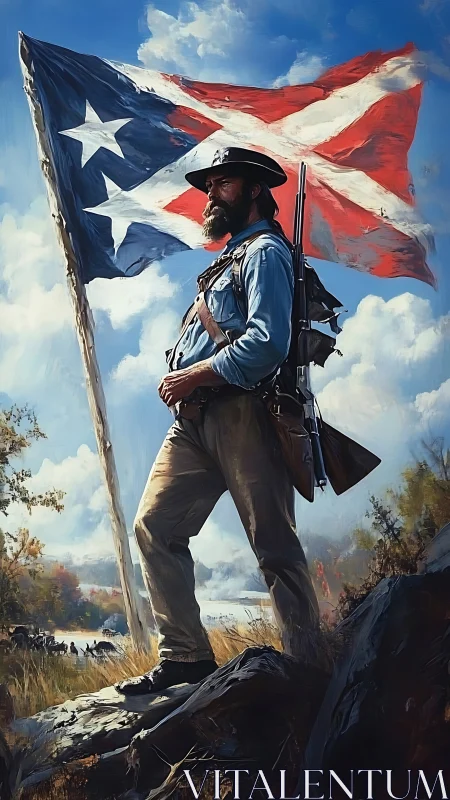 Storm-brushed rebel sentinel pauses beneath a battle flag