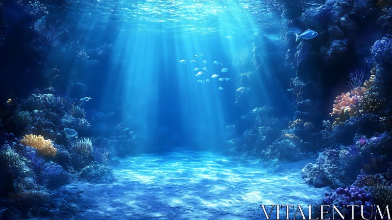 Sunlit coral cove with gentle fish gliding through blue waters.