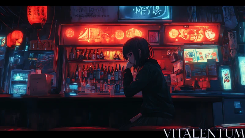 Neon ramen bar reverie with a lone night-thought girl.