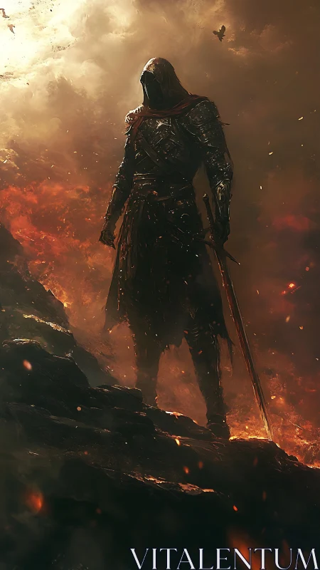 Hooded dark knight on volcanic slope with flaming sword drawn