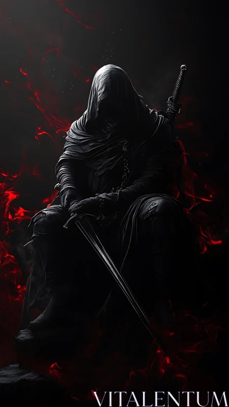 Hooded dark knight seated in crimson embers, sword drawn.