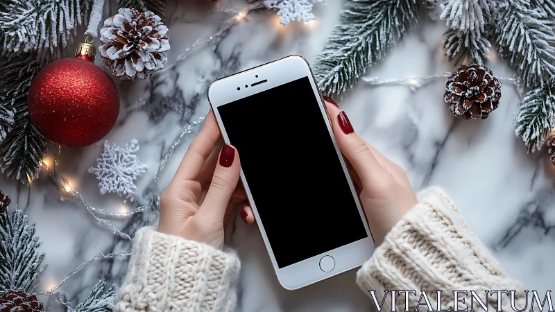Cozy winter phone moment amid twinkling holiday branches.