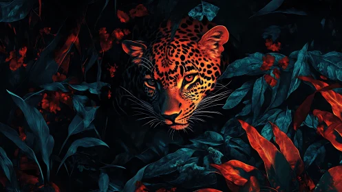 Bioluminescent leopard portrait in neon foliage contrast lighting