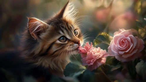 Kitten's Delicate Moment Among Blossoming Pink Roses.