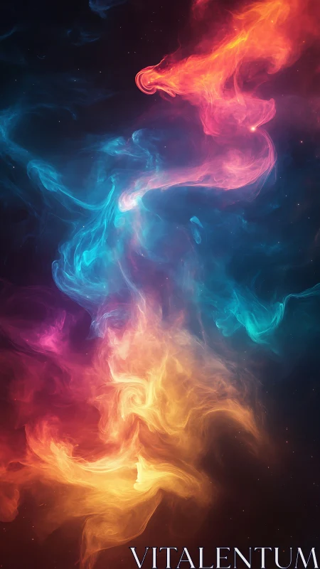 Colorful nebula-like gas plumes swirl through dark space