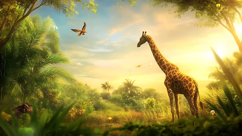 Giraffe watches sunrise over lush golden savanna landscape.
