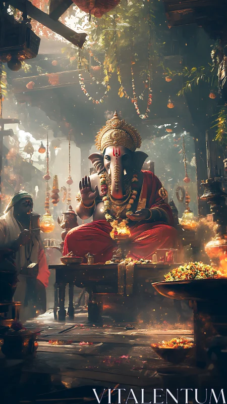 Divine Ganesh in ember-lit shrine of flowers and incense.