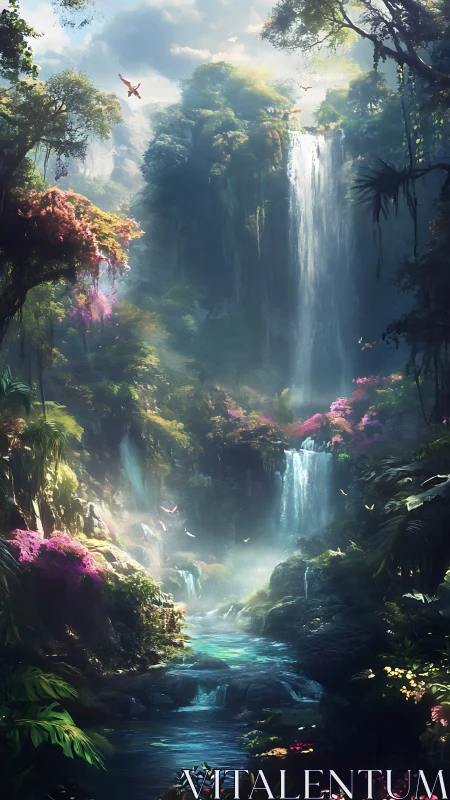 Luminous rainforest cascades in vertical fantasy landscape design.