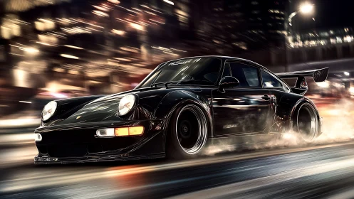 Midnight sports car surges through glowing city streets